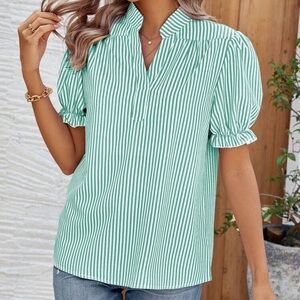 New Green Striped short sleeve Top